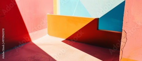 Sunlight and shadows play on vibrant, geometric walls, creating a dynamic composition in red, orange, yellow, and blue.