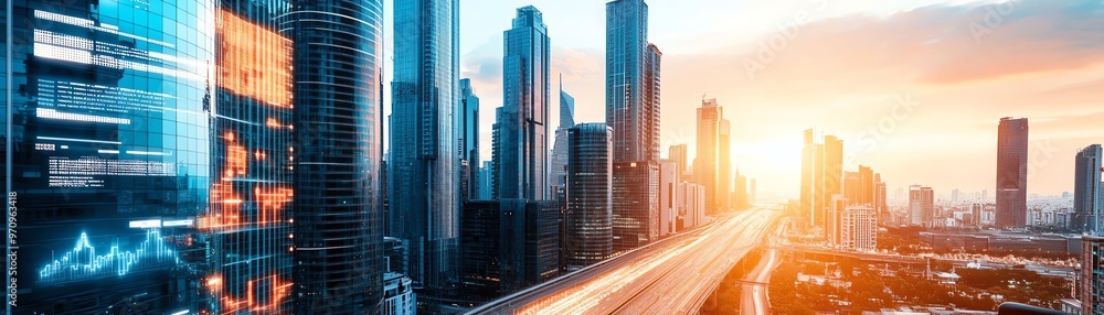 Obraz premium Stunning skyline view during sunset, showcasing modern buildings and vibrant city life. Perfect for urban and business themes.