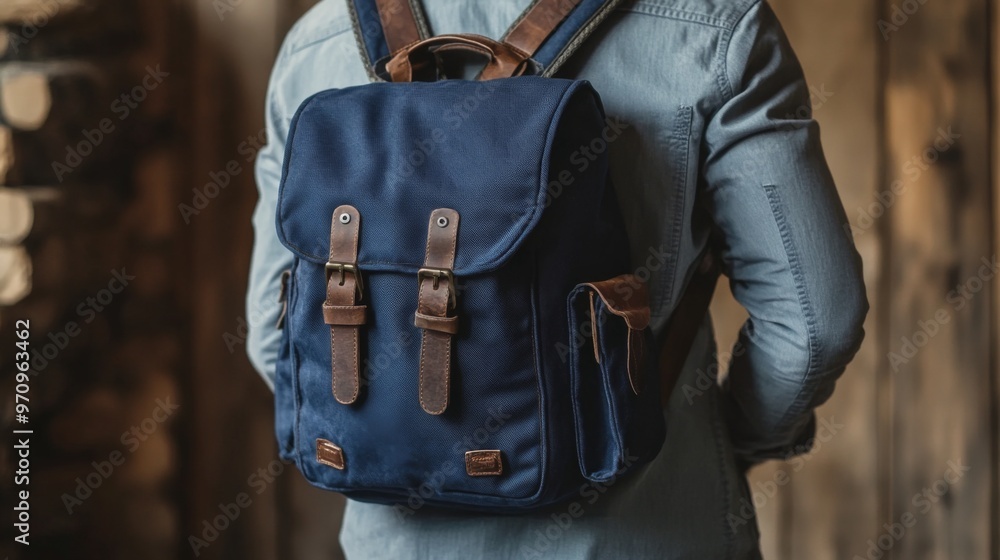 A person wearing a blue backpack with brown straps over a denim jacket, standing indoors with a wooden background, showcasing a casual and stylish look. A person wearing a blue backpack with brown straps over a denim jacket, standing indoors with a wooden background, showcasing a casual and stylish look.
