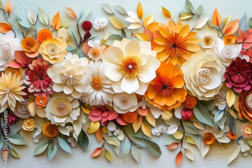 A vibrant collection of paper flowers in a myriad of colors, showcasing intricate and delicate craftsmanship, creating a lively and whimsical floral arrangement on a soft background.