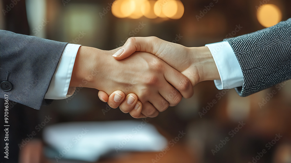 Close-up of two businesspeople shaking hands with documents being exchanged in the backgroun
