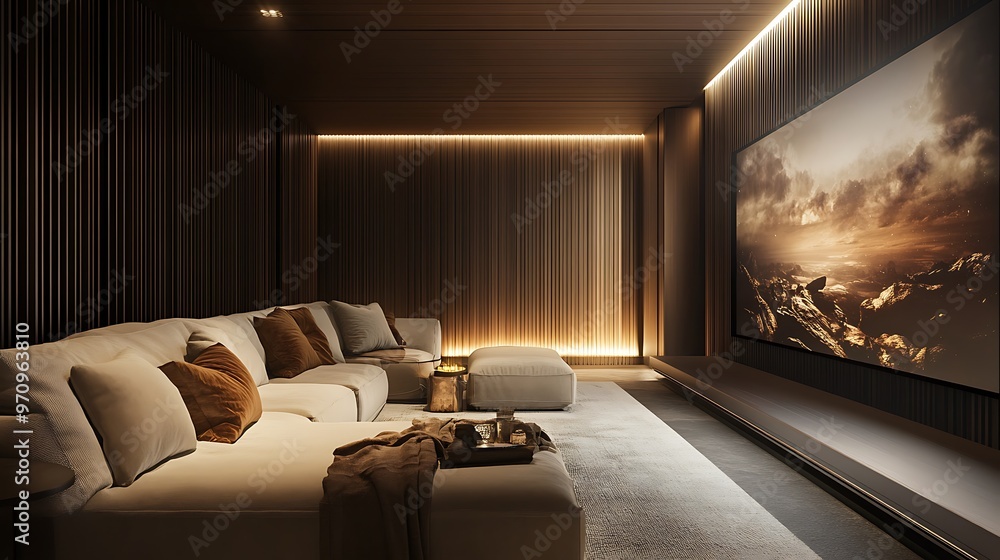custom made wallpaper toronto digitalA modern home theater with a large screen displaying a picture of a rocky landscape,  a sectional couch, and a white rug.