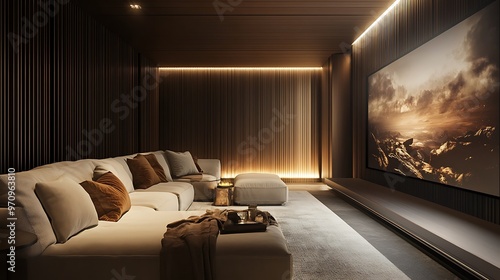 Wallpaper Mural A modern home theater with a large screen displaying a picture of a rocky landscape,  a sectional couch, and a white rug. Torontodigital.ca