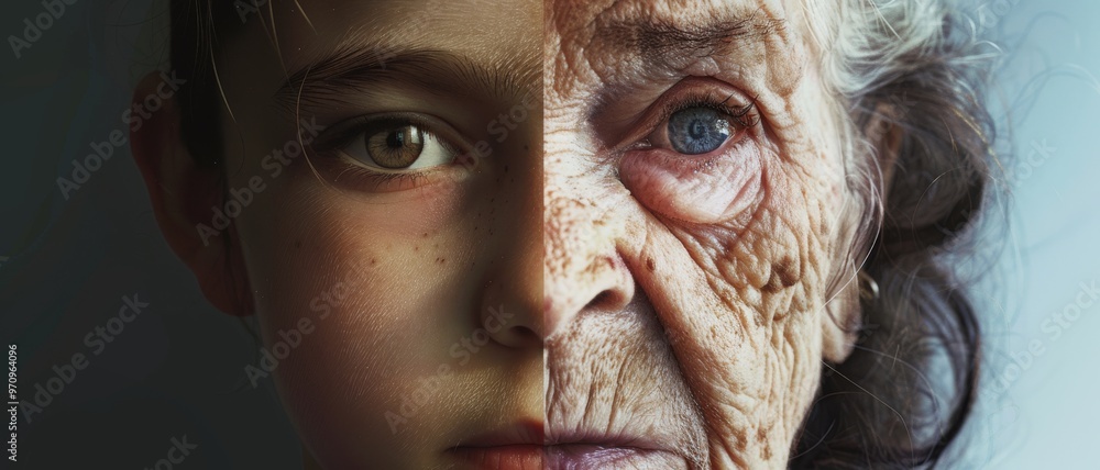 An emotional split-face portrait comparing the delicate features of a young boy with the deeply lined face of an elderly man, capturing the essence of time and change. An emotional split-face portrait comparing the delicate features of a young boy with the deeply lined face of an elderly man, capturing the essence of time and change.