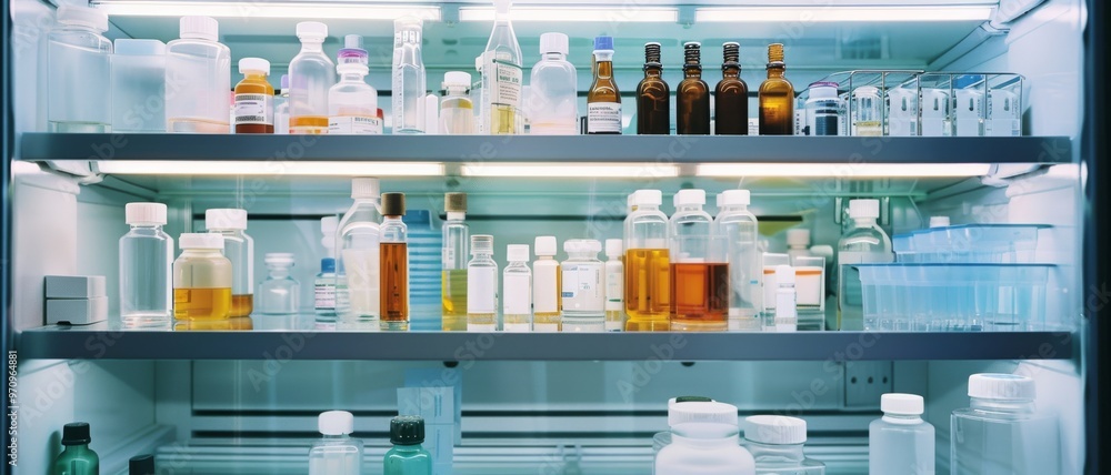 Shelves of a lab refrigerator filled with various labeled chemical bottles, showcasing an organized and meticulously maintained research environment. Shelves of a lab refrigerator filled with various labeled chemical bottles, showcasing an organized and meticulously maintained research environment.
