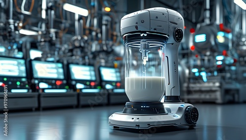 Futuristic dairy laboratory featuring robotic mixers developing innovative milk formulas with vibrant neon highlights in a stunning 3D rendering photo