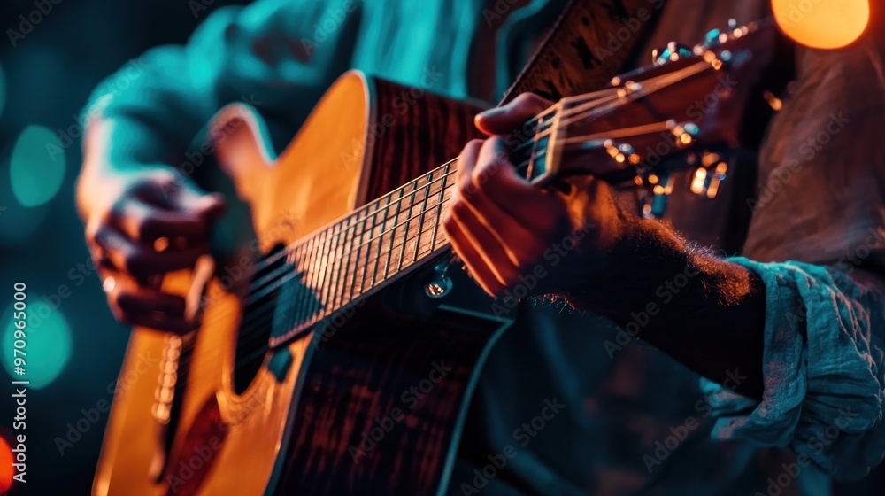 Fototapeta premium Close-up of a Musician Playing Acoustic Guitar