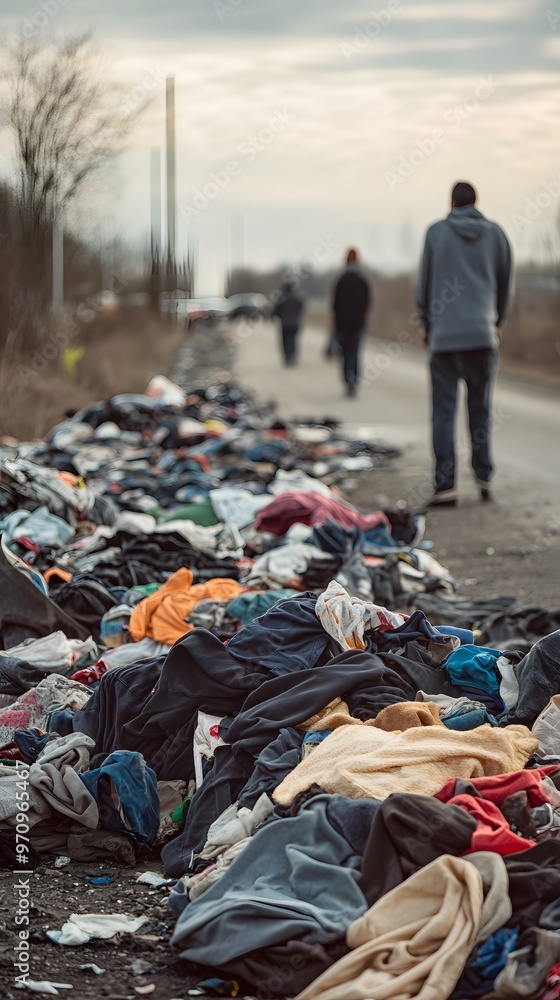Obraz premium A pile of , T-shirts, and hoodies thrown by the highway in front of an industrial waste dump