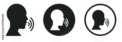 Voice control icons. Podcaster symbol. Talking person sign. Man with open mouth vector icon