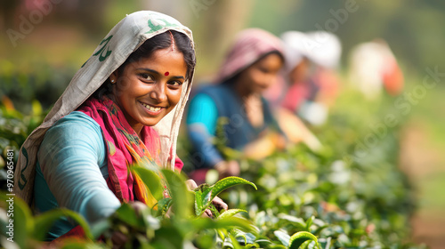 Happy young Indian woman picking tea leaves at tea plantation