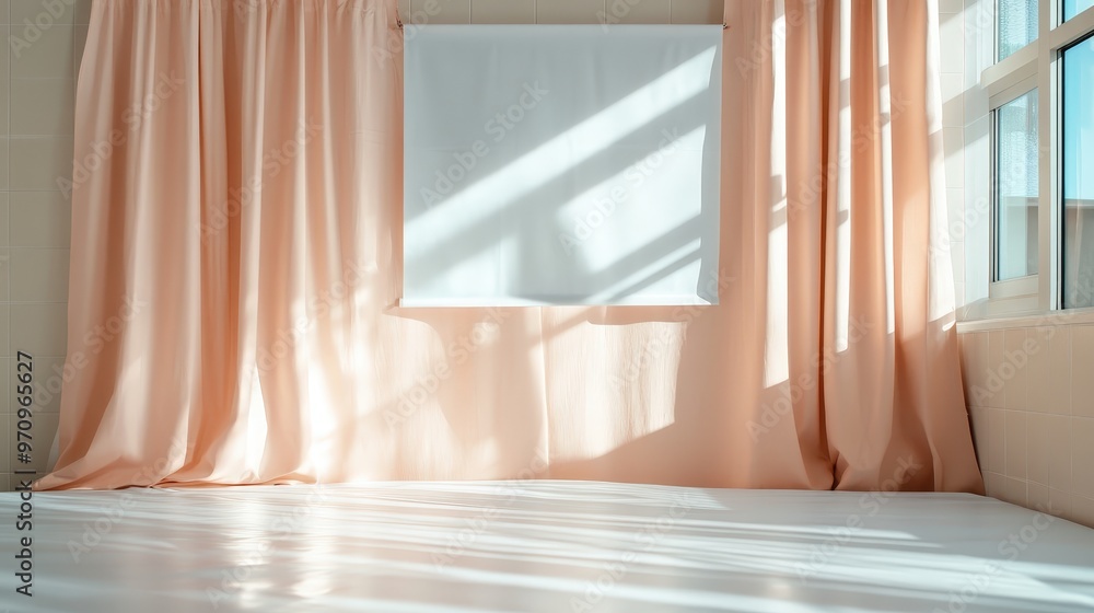 Illuminated tranquility in a sunlit room with gentle curtains and soft shadows at dawn Illuminated tranquility in a sunlit room with gentle curtains and soft shadows at dawn