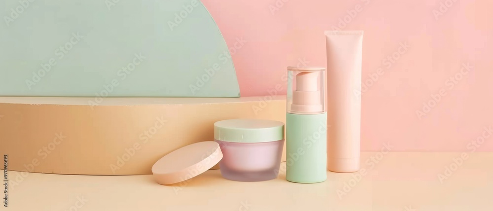 Assorted cosmetic containers are elegantly placed against a soft pink and mint backdrop, evoking luxury and serenity. Assorted cosmetic containers are elegantly placed against a soft pink and mint backdrop, evoking luxury and serenity.