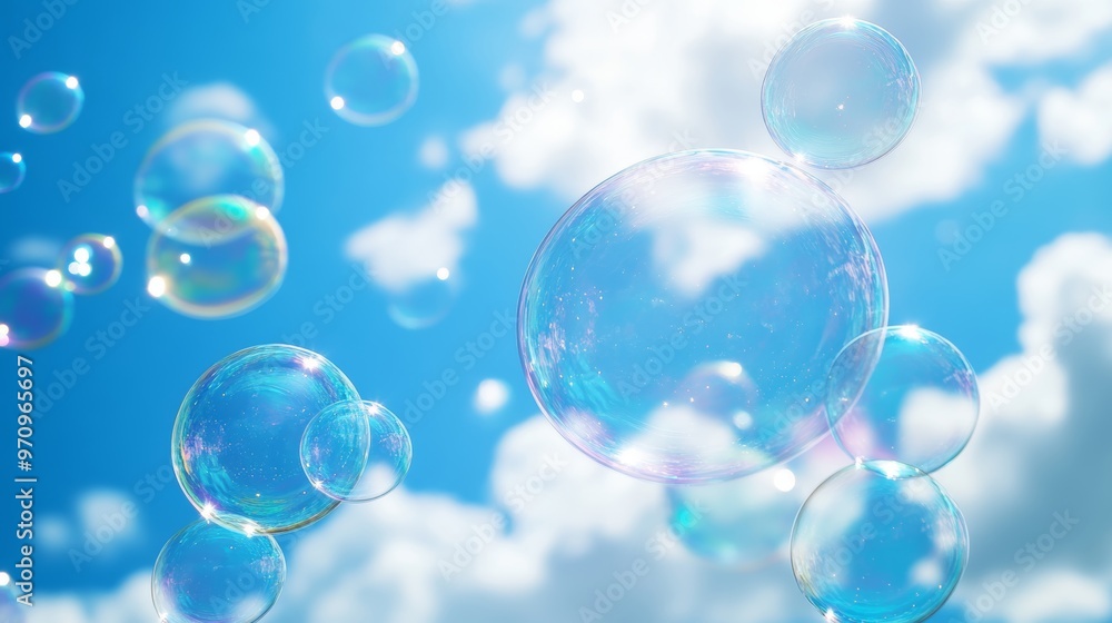Close up of soap bubbles floating over a fluffy cloud-like surface against a bright blue sky with a few clouds. Close up of soap bubbles floating over a fluffy cloud-like surface against a bright blue sky with a few clouds.