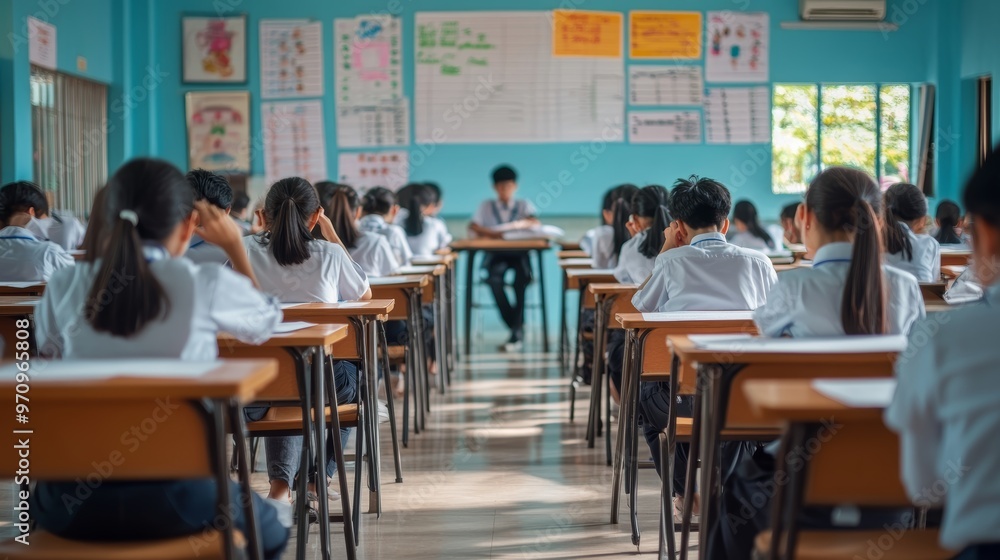 Assessment examination of high school students dressed in uniform.The students were doing the exams inside the classroom with stress Assessment examination of high school students dressed in uniform.The students were doing the exams inside the classroom with stress