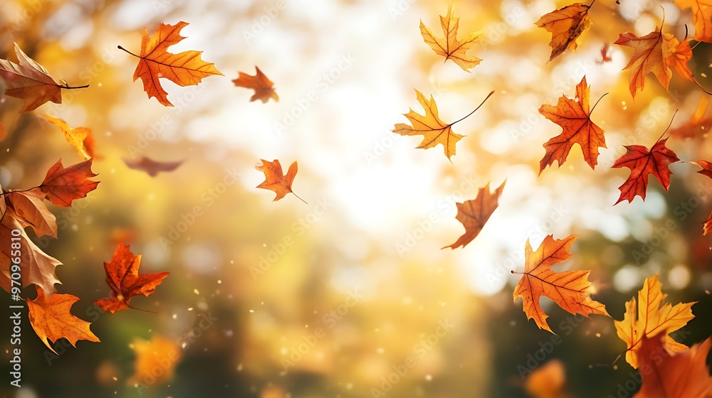 Golden brown leaves falling in a blurred autumn background. Golden brown leaves falling in a blurred autumn background.