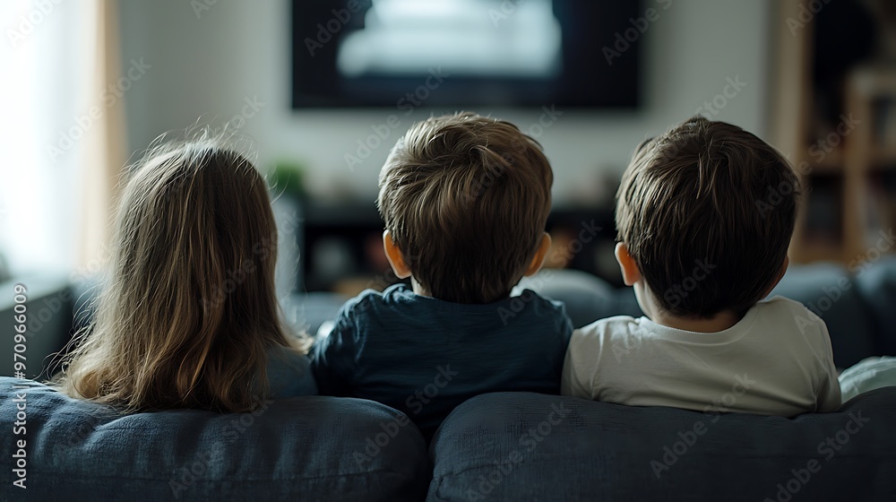 Three children sit on a couch facing a television, watching something intently. The image is shot from behind, so their faces are not visible. Three children sit on a couch facing a television, watching something intently. The image is shot from behind, so their faces are not visible.