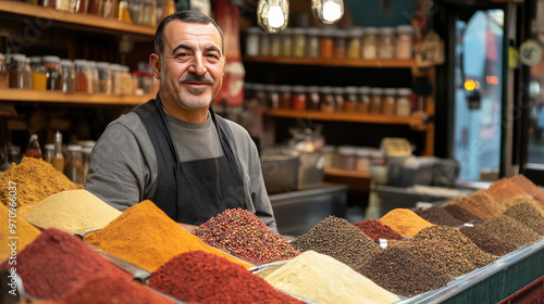 Smiling middle-aged man selling spices at a street market