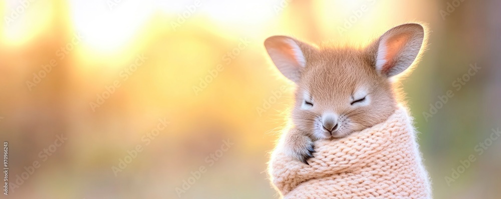 A baby rabbit is sleeping in a blanket. The rabbit is curled up and he is very cozy A baby rabbit is sleeping in a blanket. The rabbit is curled up and he is very cozy
