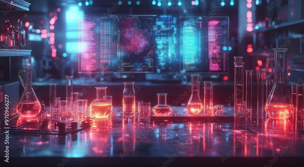 Futuristic Laboratory with Glowing Beaker and Screen Futuristic Laboratory with Glowing Beaker and Screen