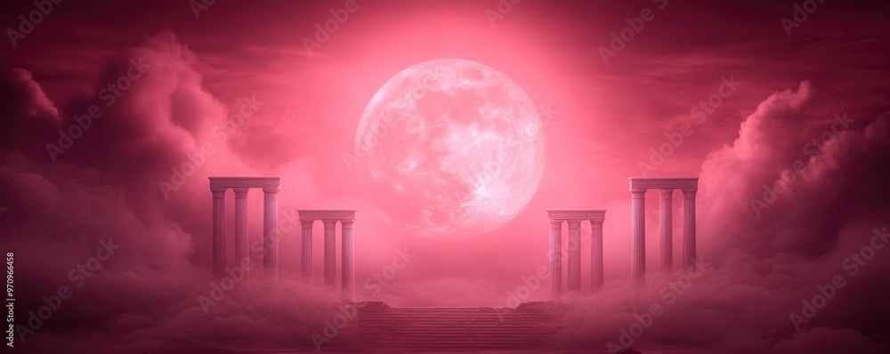 Fototapeta premium A stunning and enigmatic nighttime scenery is created when ancient ruins are illuminated by an unsettling red moon under a crimson sky.