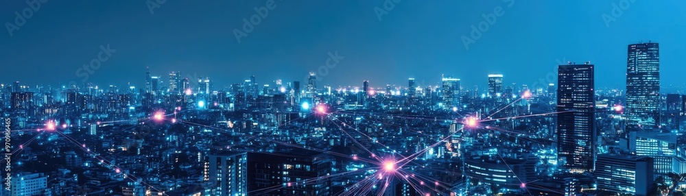 Fototapeta premium A cityscape with smart buildings connected by glowing data streams, representing a fully connected