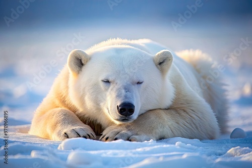 Adorable polar bear sprawled on Arctic snow, paws curled, eyes shut, and fur fluffed, epitomizing relaxation and tranquility in a serene winter wonderland setting. photo