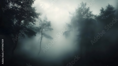 Silhouettes of Trees Emerging from Dense Fog