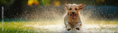 A dog running through sprinklers in the backyard, shaking off water with pure joy photo