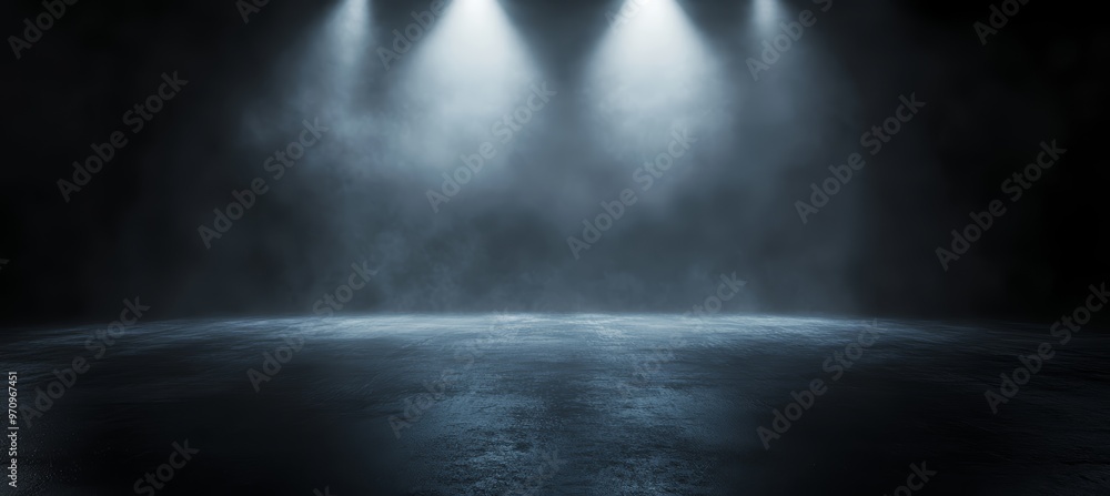 Empty, dark room with spotlights. Studio background with black floor and concrete wall, perfect for product presentation. With empty copy space. Light falling onto the stage. Empty, dark room with spotlights. Studio background with black floor and concrete wall, perfect for product presentation. With empty copy space. Light falling onto the stage.