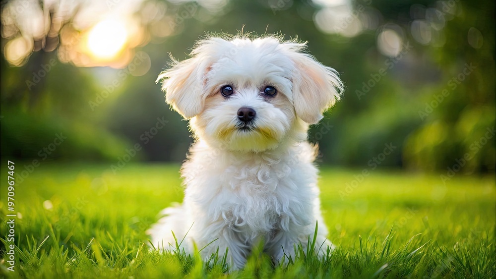 Adorable small white dog with bright brown eyes and fluffy fur, sitting on a green grass lawn, looking curious and playful. Adorable small white dog with bright brown eyes and fluffy fur, sitting on a green grass lawn, looking curious and playful.