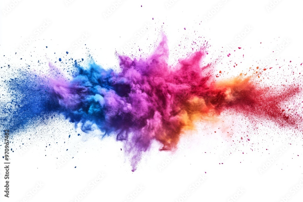 This image captures a vibrant explosion of colorful powder in blue, purple, red, and orange hues, creating a dynamic and abstract visual spectacle against a white backdrop. This image captures a vibrant explosion of colorful powder in blue, purple, red, and orange hues, creating a dynamic and abstract visual spectacle against a white backdrop.