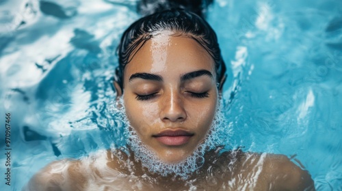 A peaceful image of a woman floating serenely in a refreshing blue pool, capturing tranquility and relaxation, with soft light highlighting serenity and calmness.