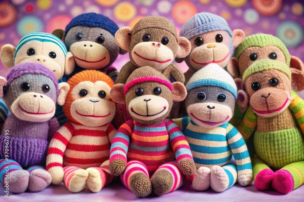 Adorable, stitched-together primates made from socks sit, stand, and cuddle, showcasing their endearing faces, button eyes, and endearing expressions against soft, pastel-colored backgrounds. Adorable, stitched-together primates made from socks sit, stand, and cuddle, showcasing their endearing faces, button eyes, and endearing expressions against soft, pastel-colored backgrounds.