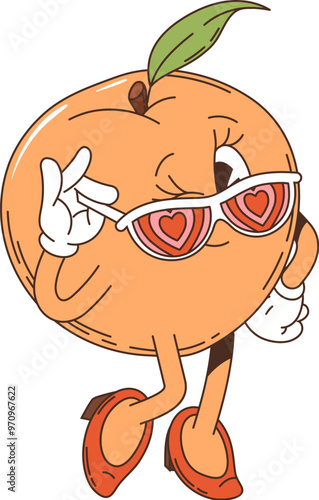 Cartoon groovy peach retro character. Isolated vector vintage style female fruit personage wearing gloves, heeled shoes and heart-shaped sunglasses, striking a fun pose with a flirty face expression