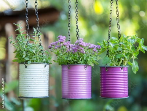 This image features three colorful cans hanging with chains, each holding different types of green plants and flowers, set against a vibrant and lush green garden background.