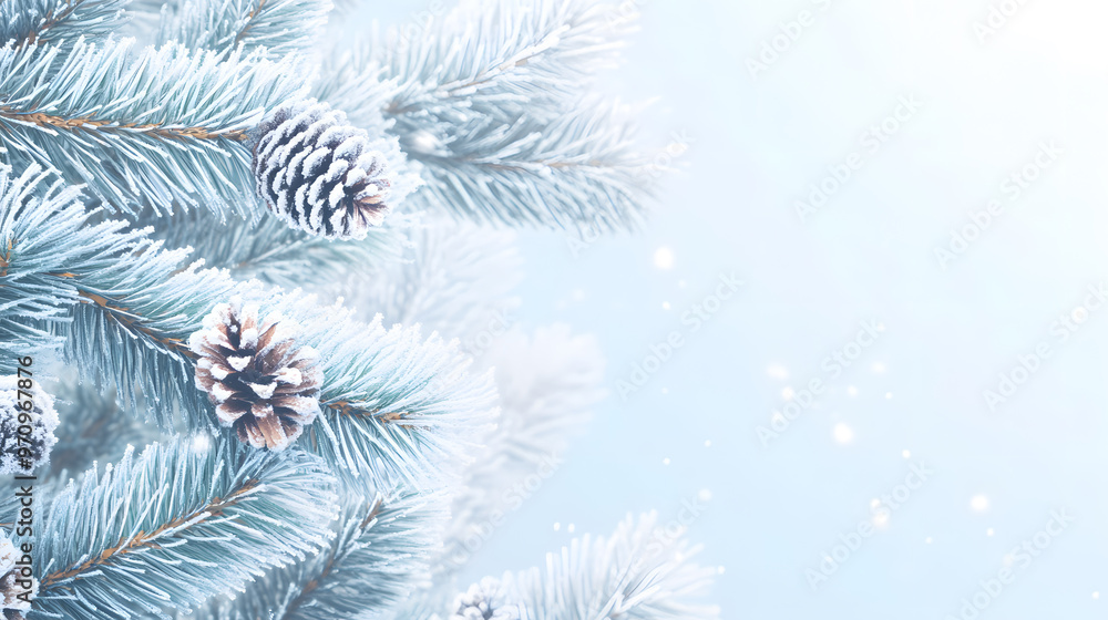 Snow-dusted pine branches glowing under frosty blue light with delicate snowflakes and sparkling bokeh, creating a tranquil winter wonderland Snow-dusted pine branches glowing under frosty blue light with delicate snowflakes and sparkling bokeh, creating a tranquil winter wonderland
