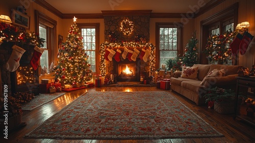 Wallpaper Mural A cozy living room adorned with twinkling Christmas lights, a decorated tree in the corner, stockings hanging by the fireplace, and a family enjoying hot cocoa and exchanging gifts. Torontodigital.ca