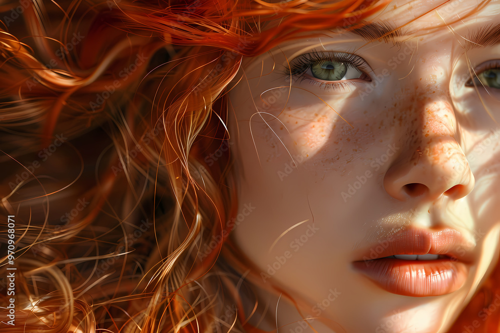 Close-up portrait of a young woman with striking green eyes and flowing red hair, accentuated by sunlight and delicate freckles. Close-up portrait of a young woman with striking green eyes and flowing red hair, accentuated by sunlight and delicate freckles.