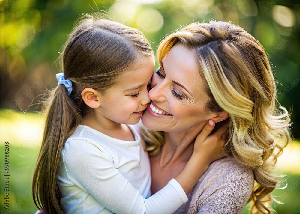 Adorable young girl giggles and hugs her loving mother, who tenderly kisses her forehead, capturing a heartwarming moment of unconditional love and affection. Adorable young girl giggles and hugs her loving mother, who tenderly kisses her forehead, capturing a heartwarming moment of unconditional love and affection.