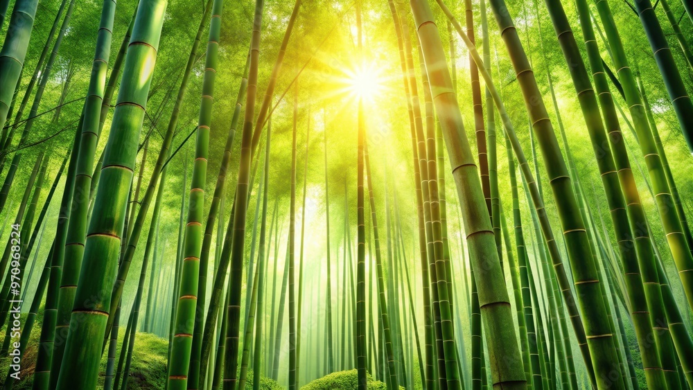 Fototapeta premium Sunny green bamboo forest background, bamboo, forest, green, sunny, nature, vegetation, peaceful, serene, tranquil, foliage