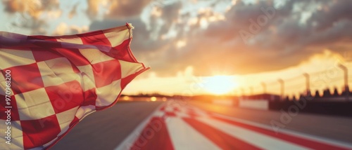 A red and white checkered flag waves as the sun sets over a race track, casting a golden glow on the asphalt and creating a dramatic end to an eventful day. photo