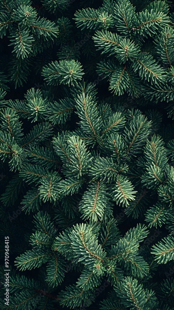 A dense cluster of green pine branches forms an intricate pattern that adds depth and texture to the background