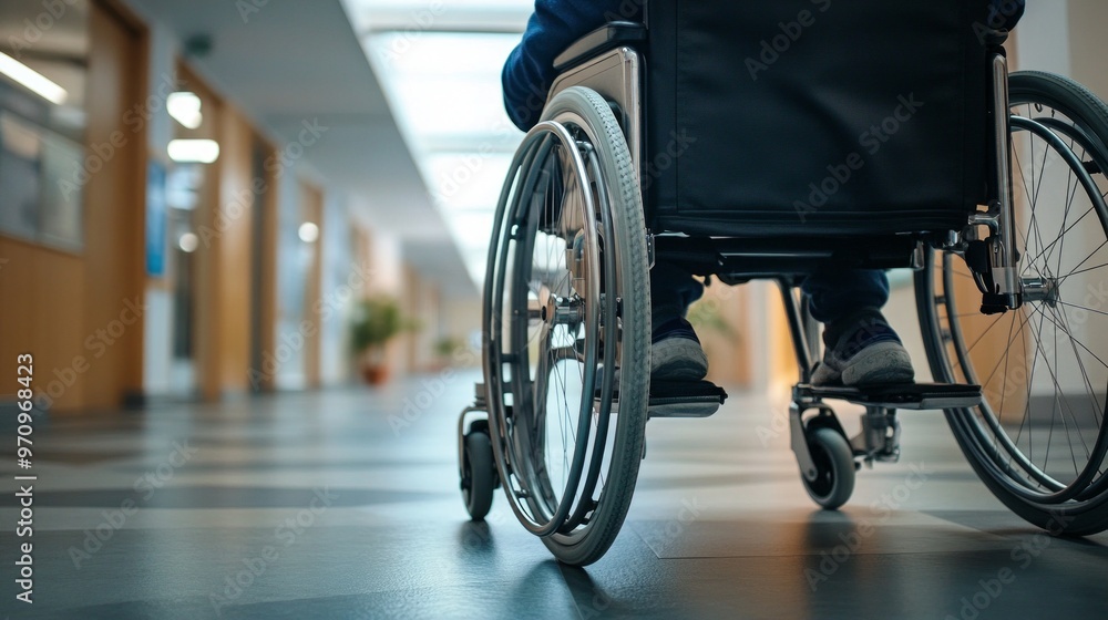 Obraz premium A close-up view of a wheelchair in a modern hallway. The image captures a sense of mobility and freedom. The setting is bright and clean. Perfect for stories about accessibility. AI