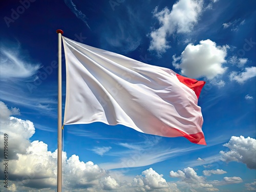 A dramatic, waving white flag with a bold, crimson red stripe, symbolizing surrender, warning, or caution, against a clear blue sky with fluffy white clouds. photo