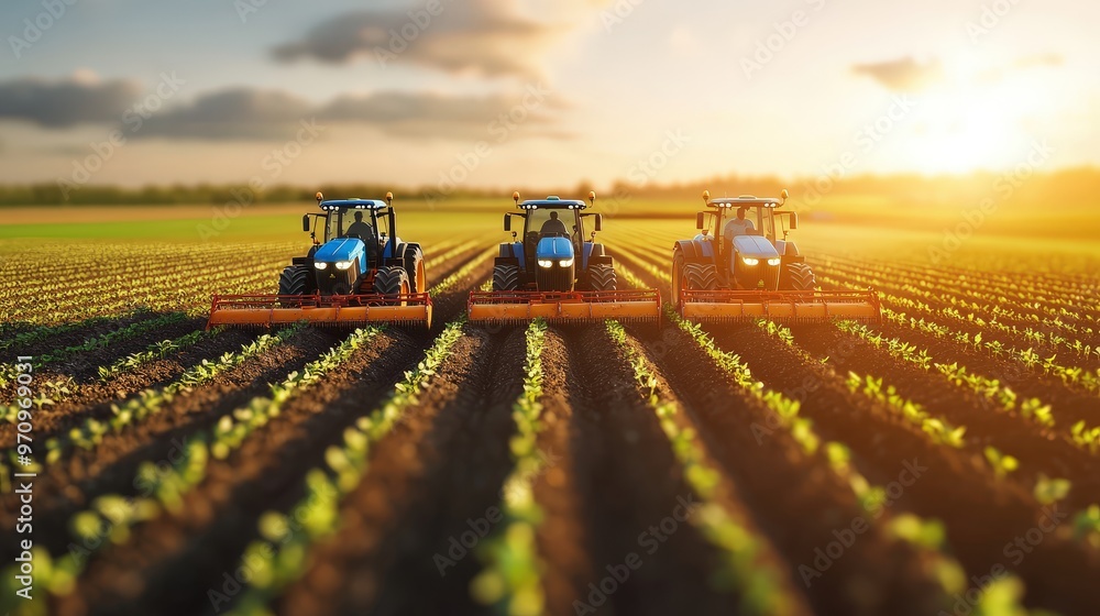 Self-driving tractors planting seeds in a large agricultural field Self-driving tractors planting seeds in a large agricultural field
