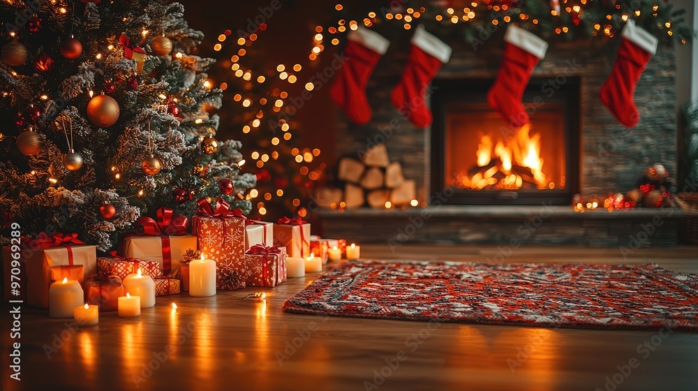 A cozy living room adorned with twinkling Christmas lights, a decorated tree in the corner, stockings hanging by the fireplace, and a family enjoying hot cocoa and exchanging gifts. A cozy living room adorned with twinkling Christmas lights, a decorated tree in the corner, stockings hanging by the fireplace, and a family enjoying hot cocoa and exchanging gifts.
