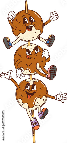 Cartoon groovy japanese dango dessert characters on a stick. Isolated vector fun and playful rice ball personages served on a skewer and covered with a sweet syrup. Japan pastry and kawaii sweets