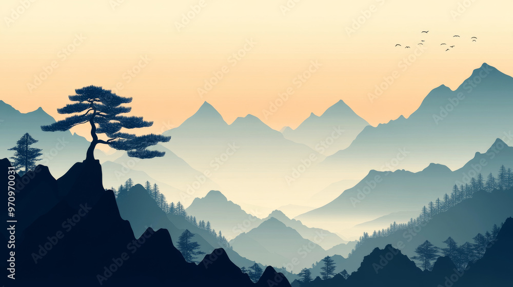 A beautiful poster with a view of sharp, geometric mountains and a forest. It's simple and modern, with a single pine tree and a Japanese feel. A beautiful poster with a view of sharp, geometric mountains and a forest. It's simple and modern, with a single pine tree and a Japanese feel.