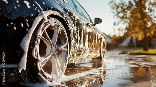 car cleaning and washing with foam soap , generative ai.