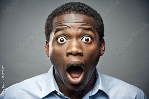 African American male with a stunned expression, eyes wide open and mouth agape, reacting to an unseen event or surprising news with a mix of fear and disbelief. photo